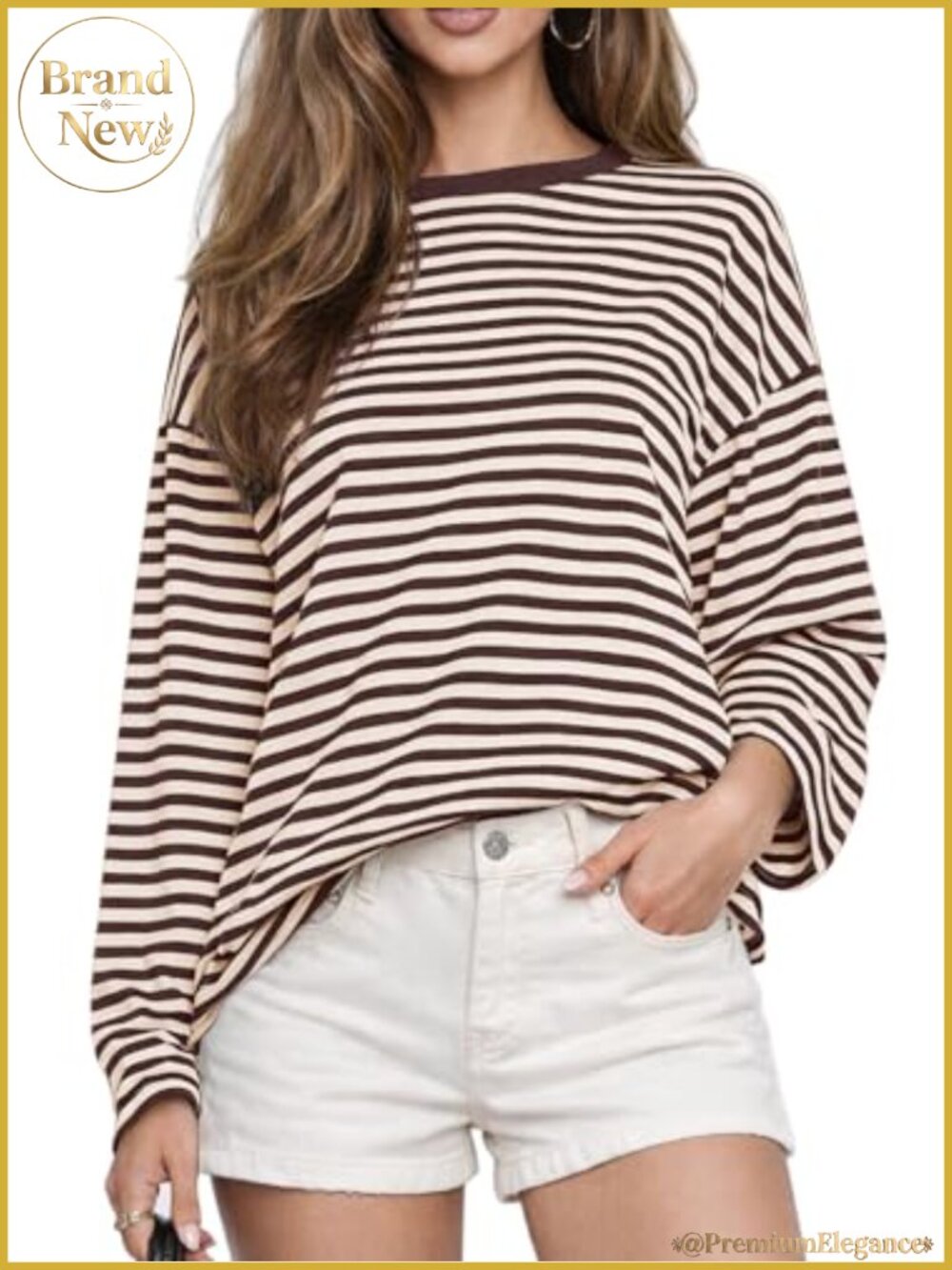 Oversized Striped Long Sleeve Cotton Blend Tee Dressy Casual T-Shirt
